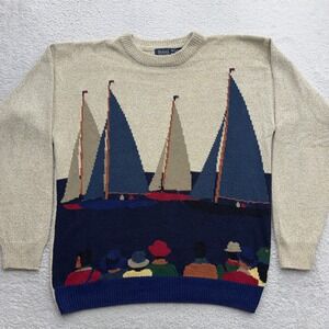 Byford Vintage Mens XL Silk Cotton Nautical Sailboat Intarsia Crewneck Sweater